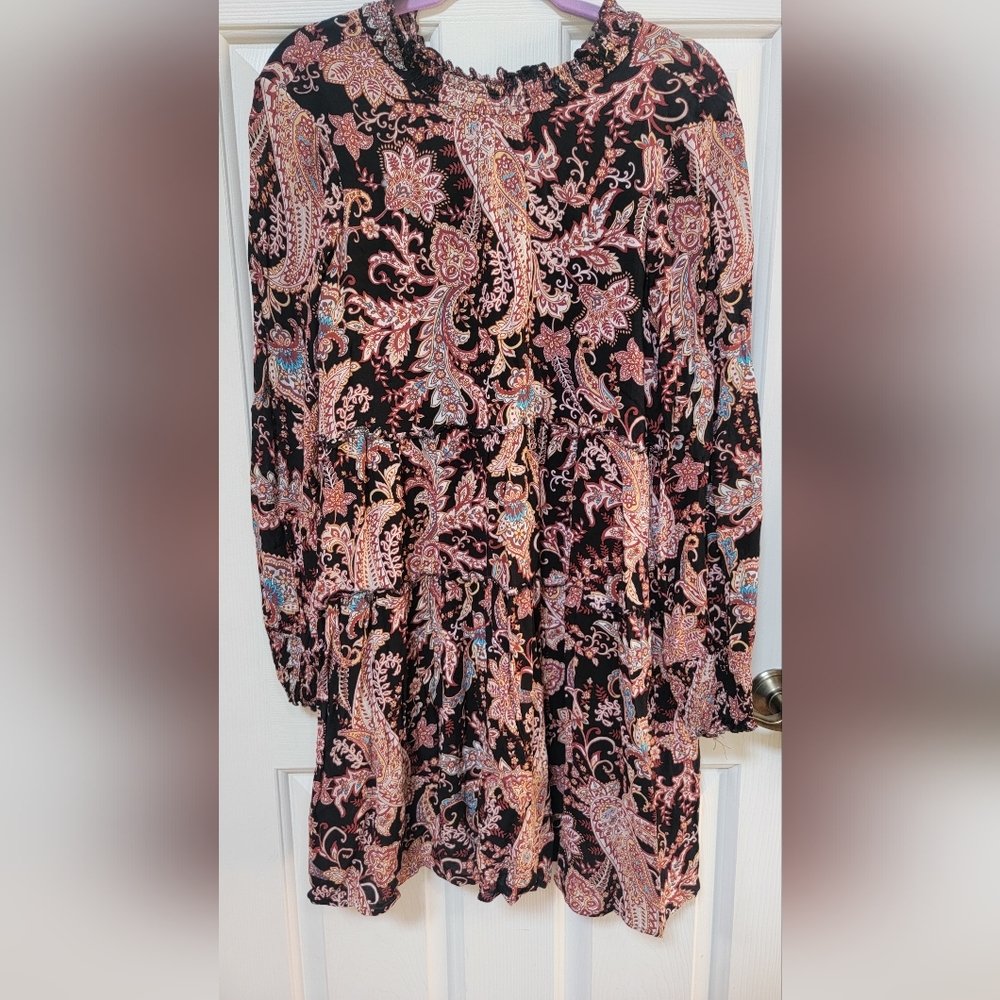Anthropologie Black and Pink Paisley Long Sleeve Dress Size Small